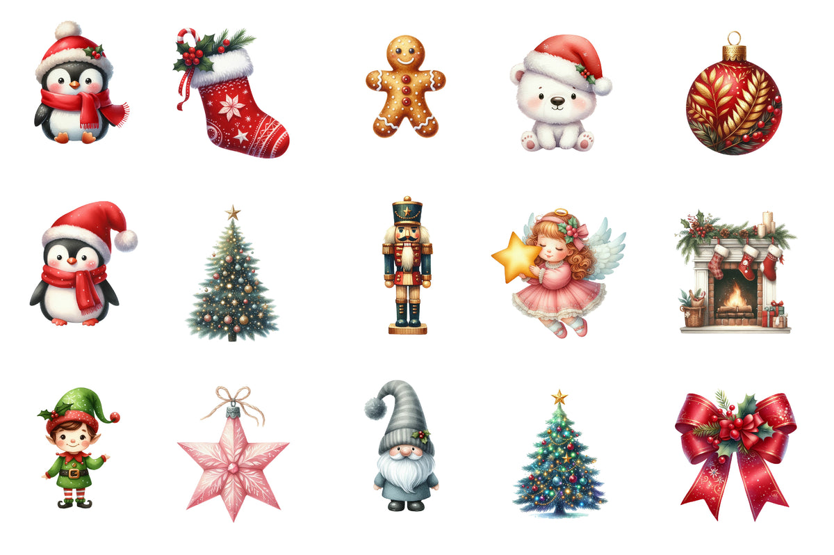 Cute Christmas Clipart PNG Bundle | Christmas Angels, Santa, Nutcracker, Christmas Tree, Penguin, Deer, Cat, Gnome & Holiday Clipart