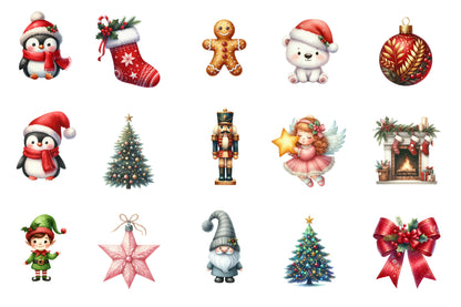 Cute Christmas Clipart PNG Bundle | Christmas Angels, Santa, Nutcracker, Christmas Tree, Penguin, Deer, Cat, Gnome & Holiday Clipart