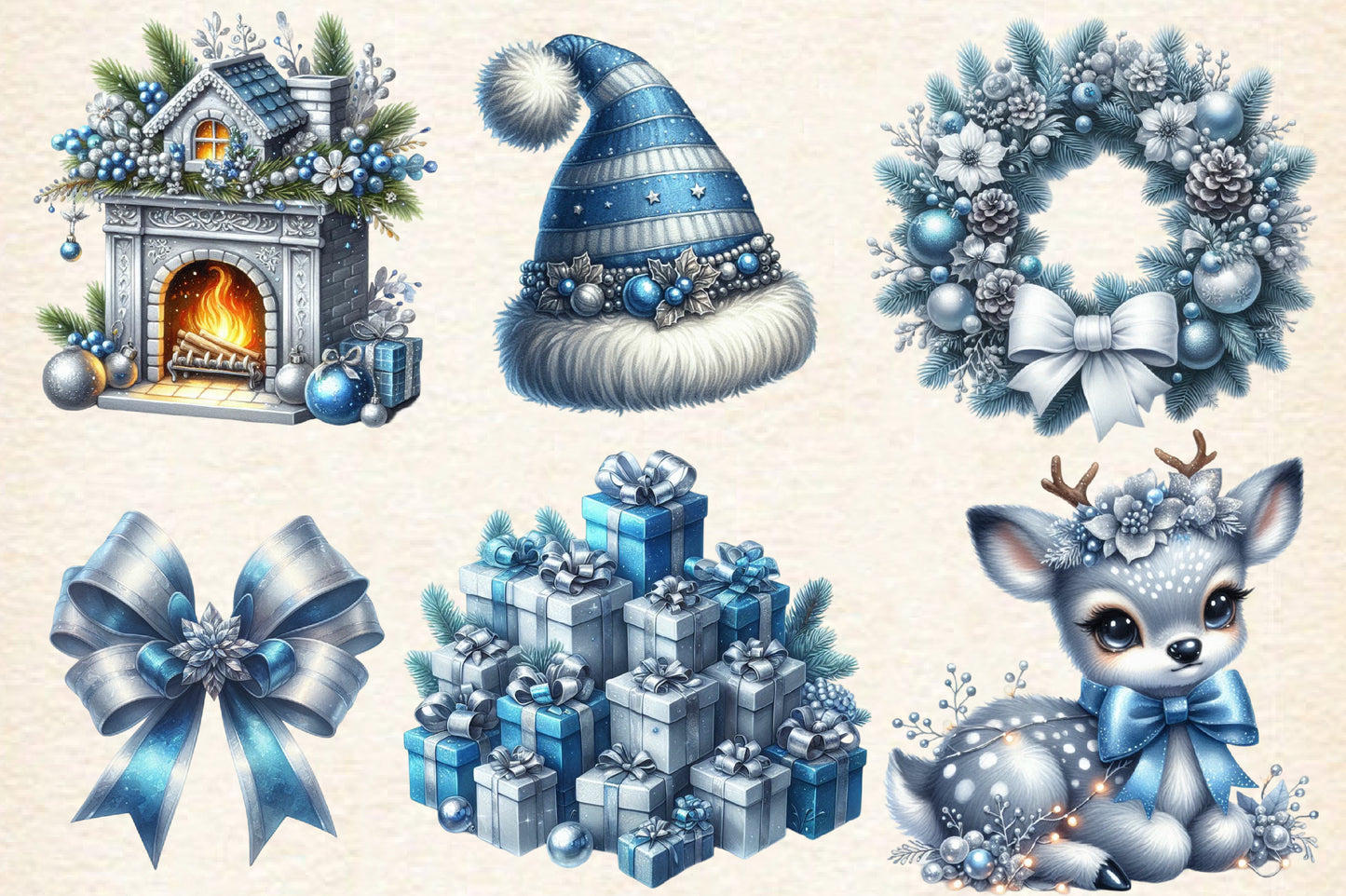 Blue Christmas PNG Bundle | Watercolor Blue Christmas Clipart, Snowman, Deer, Gifts & Winter Holiday Graphics