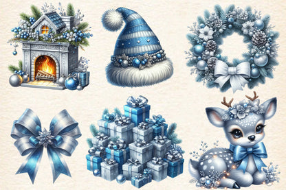 Blue Christmas PNG Bundle | Watercolor Blue Christmas Clipart, Snowman, Deer, Gifts & Winter Holiday Graphics