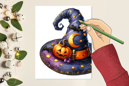 24 Watercolor Halloween Witch Hat PNG Bundle Spooky Witch Hat Clipart