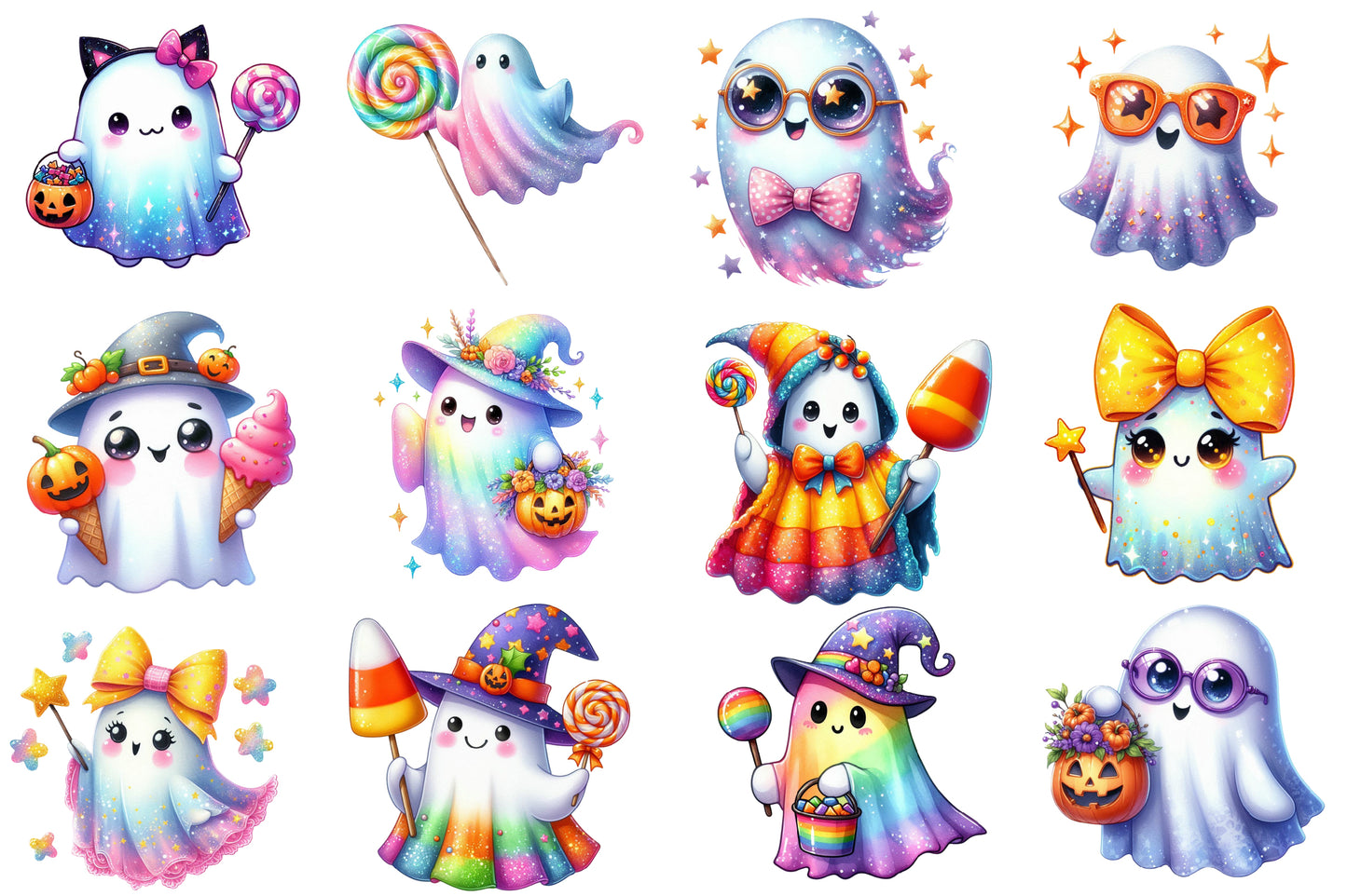 Cute Boo Halloween Watercolor Clipart PNG Bundle | Kawaii Ghost Halloween Clipart | Cute Spooky Sublimation PNG
