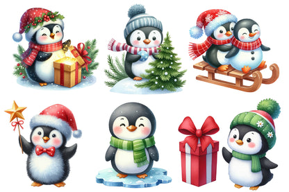 Christmas Penguin Clipart PNG Bundle | Watercolor Cute Christmas Penguin Clipart | Winter Holiday Sublimation PNG