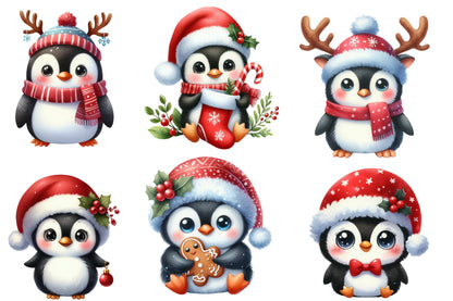 Christmas Funny Penguin Clipart PNG Bundle | Watercolor Cute Funny Christmas Penguin Clipart | Holiday Penguin Sublimation PNG