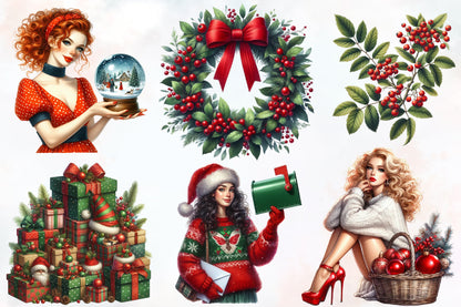 Merry Christmas Clipart PNG Bundle | Cute Festive Holiday Christmas Graphics | Watercolor Christmas Clipart