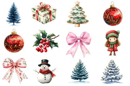 Merry Christmas Clipart PNG Bundle | Christmas Watercolor Clipart | Snowy Christmas Tree & Winter Holiday PNG