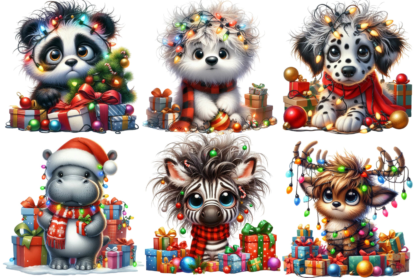 Watercolor Christmas Animals Clipart PNG Bundle | Cute Holiday Animal Christmas Lights & Gift Designs