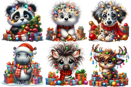 Watercolor Christmas Animals Clipart PNG Bundle | Cute Holiday Animal Christmas Lights & Gift Designs