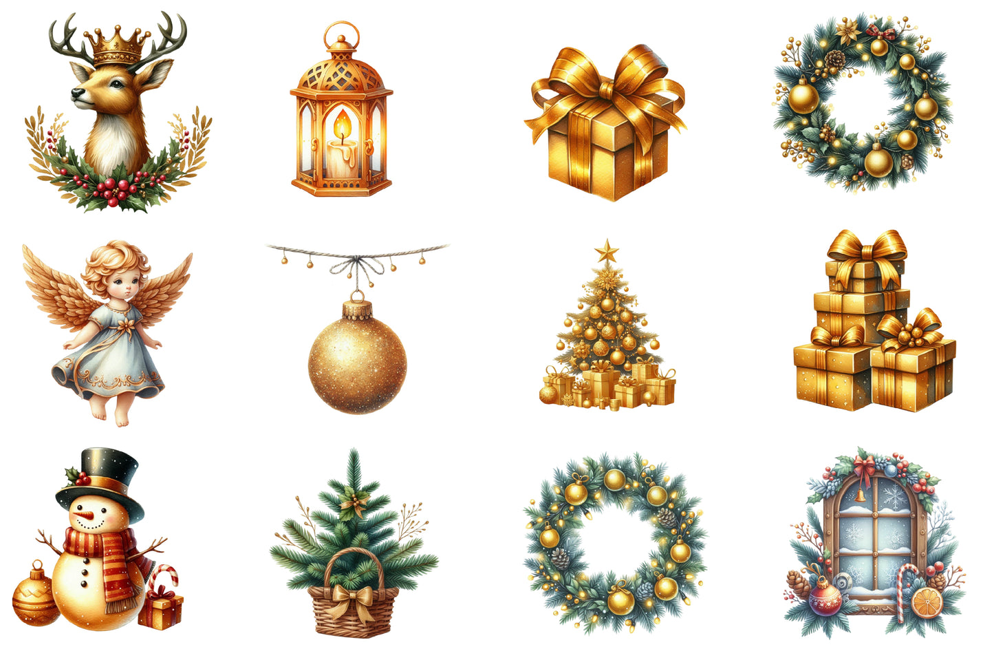 Gold Christmas Watercolor Clipart PNG Bundle | Golden Christmas PNG | Elegant Holiday Sublimation