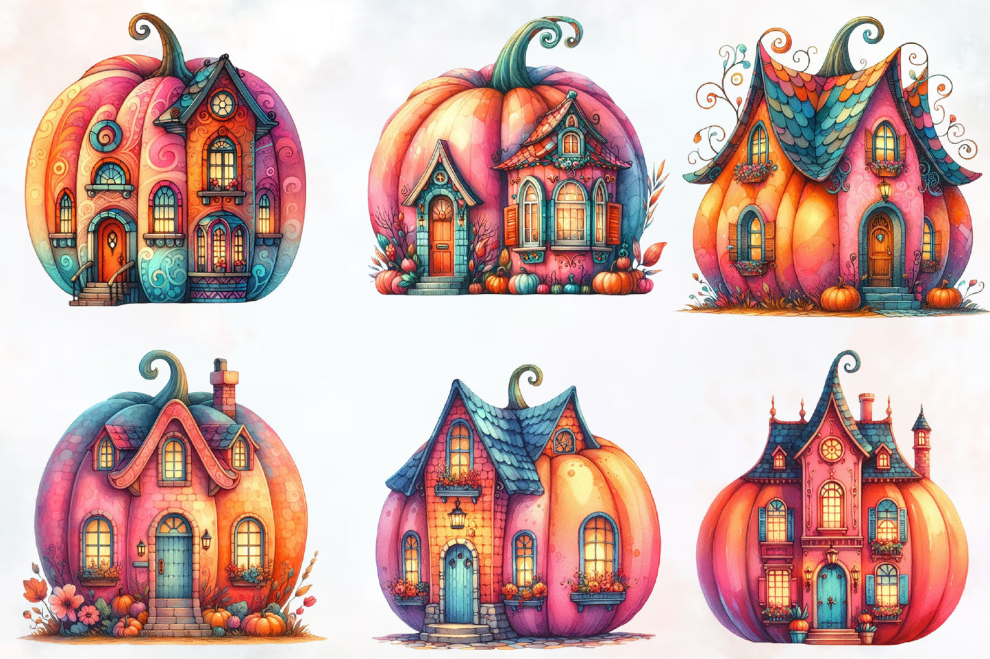 Watercolor Halloween Pumpkin House PNG Bundle 29 Magical Pumpkin House Clipart