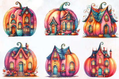 Watercolor Halloween Pumpkin House PNG Bundle 29 Magical Pumpkin House Clipart