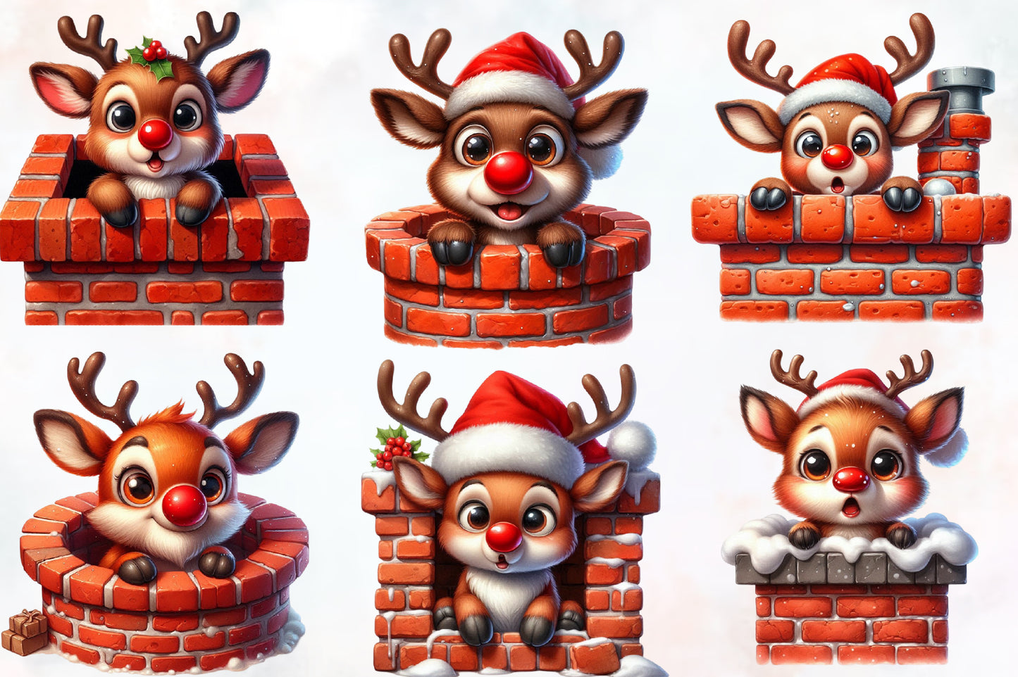 Watercolor Christmas Reindeer Clipart PNG Bundle | Cute Reindeer & Santa Holiday Designs