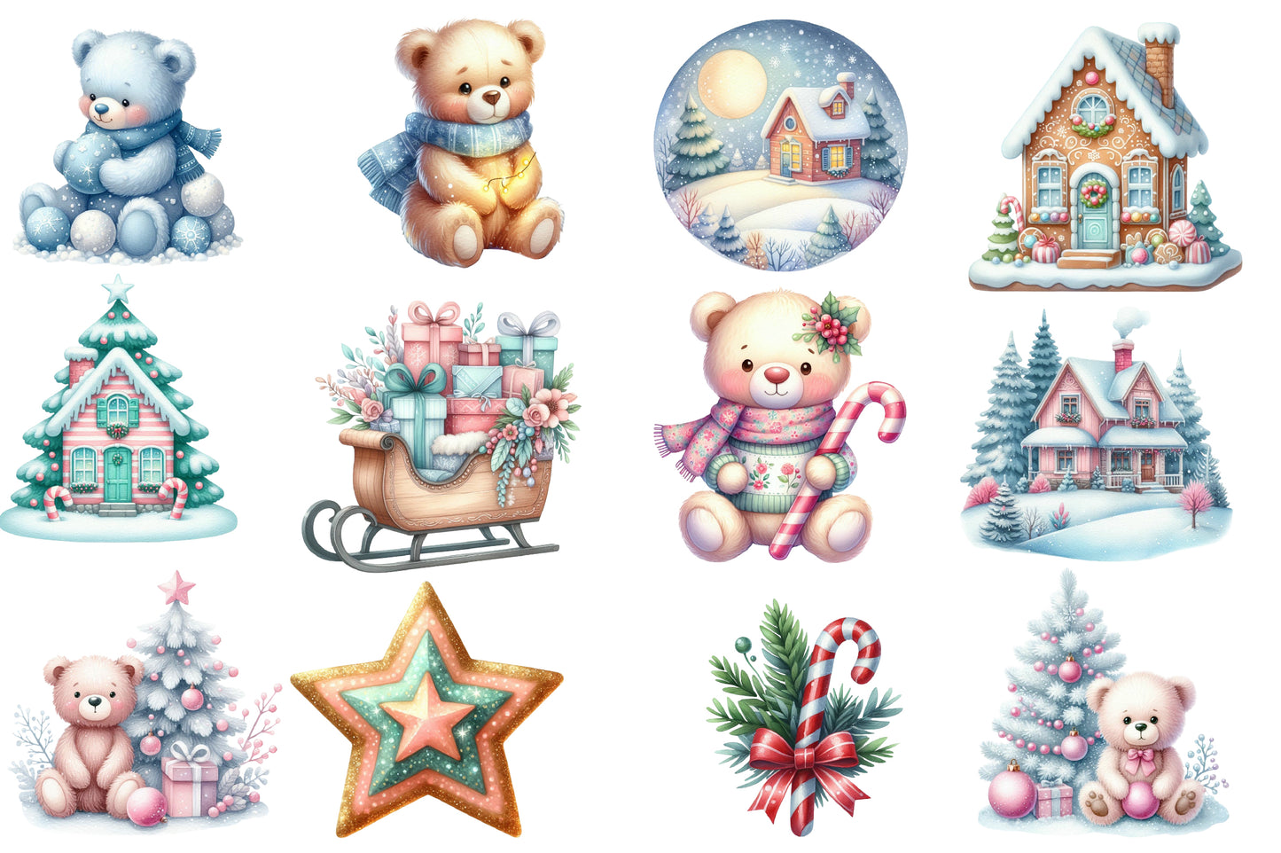 Pastel Christmas Watercolor Clipart PNG Bundle | Cute Pink & Blue Christmas Clipart | Pastel Winter Christmas Sublimation PNG