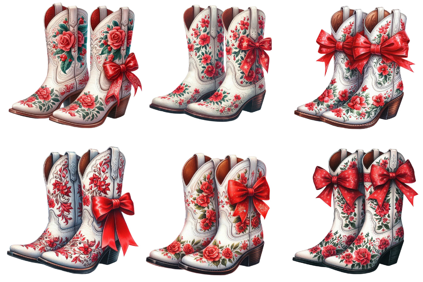Watercolor Christmas Western Boots Clipart PNG Bundle | Floral Cowboy Boots, Red Bows & Holiday Western Designs