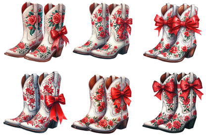 Watercolor Christmas Western Boots Clipart PNG Bundle | Floral Cowboy Boots, Red Bows & Holiday Western Designs