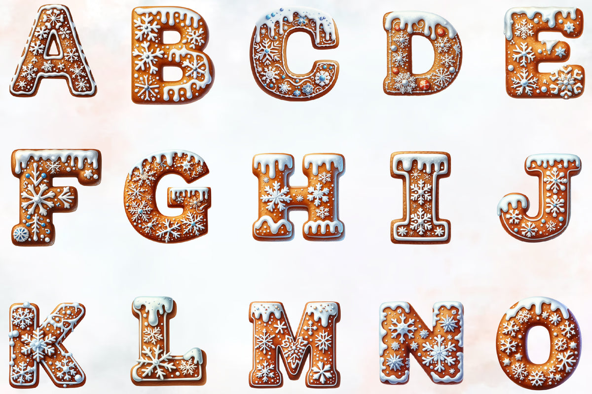 36 Christmas Snowflake Gingerbread Alphabet PNG Clipart Bundle