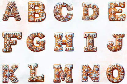 36 Christmas Snowflake Gingerbread Alphabet PNG Clipart Bundle