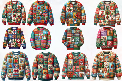 Patchwork Christmas Sweater PNG Bundle Festive Ugly Christmas Sweater Sublimation