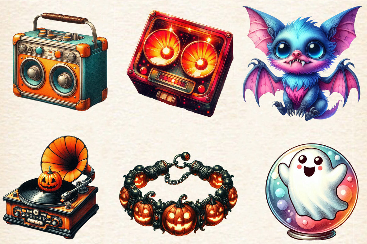 Disco Halloween PNG Bundle 18 Watercolor Retro Halloween Clipart