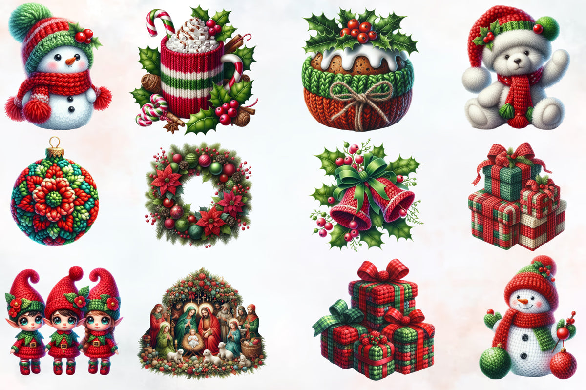 Watercolor Christmas Crochet PNG Bundle 40 Cozy Holiday Designs