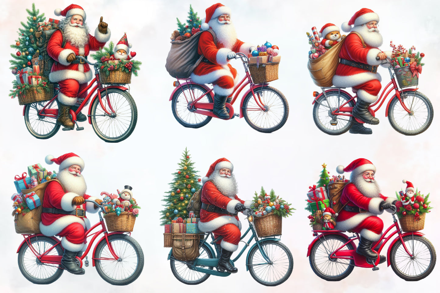Christmas Santa Bicycle PNG Clipart Bundle | Watercolor Santa Claus Riding Bike, Holiday Bicycle, Gifts & Christmas Decorations