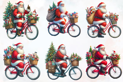Christmas Santa Bicycle PNG Clipart Bundle | Watercolor Santa Claus Riding Bike, Holiday Bicycle, Gifts & Christmas Decorations