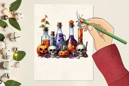 19 Halloween Potion Drinks with Skull PNG Bundle Watercolor Witch Potion Clipart