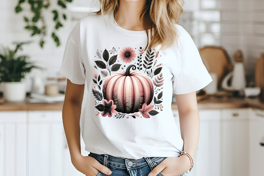 Pink Pumpkin Fall Shirt PNG Cute Autumn Floral Pumpkin Design
