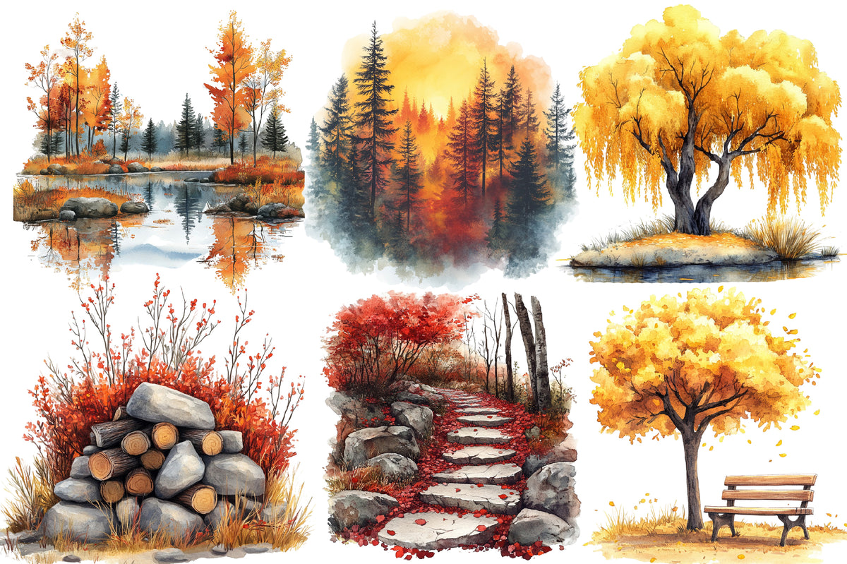 Fall Scenery Watercolor Clipart PNG Bundle | Autumn Landscape Nature Clipart | Fall Sublimation