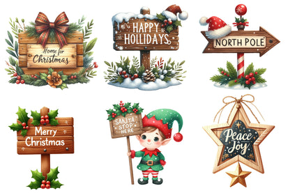 Christmas Sign Board Clipart PNG Bundle | Rustic Christmas Signs & Holiday Wood Signs | Christmas Sublimation PNG