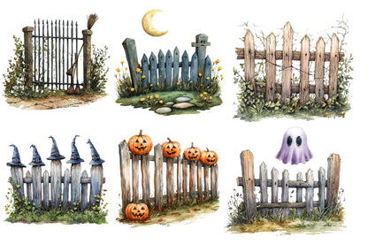 Watercolor Halloween Fence Clipart PNG Bundle | Spooky Fence, Pumpkins, Bats, Ghosts & Haunted Night Elements PNG