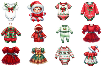 Christmas Baby Clothes Clipart PNG Bundle | Watercolor Cute Baby Outfit Clipart | Holiday Baby Clothing PNG