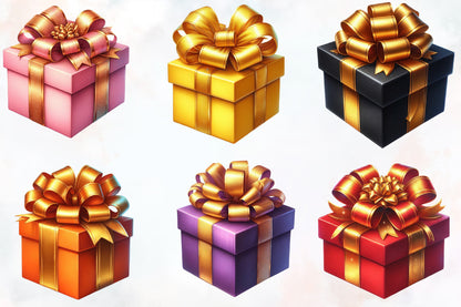 12 Christmas Gift Box PNG Clipart Bundle Watercolor Gold Ribbon Holiday Present