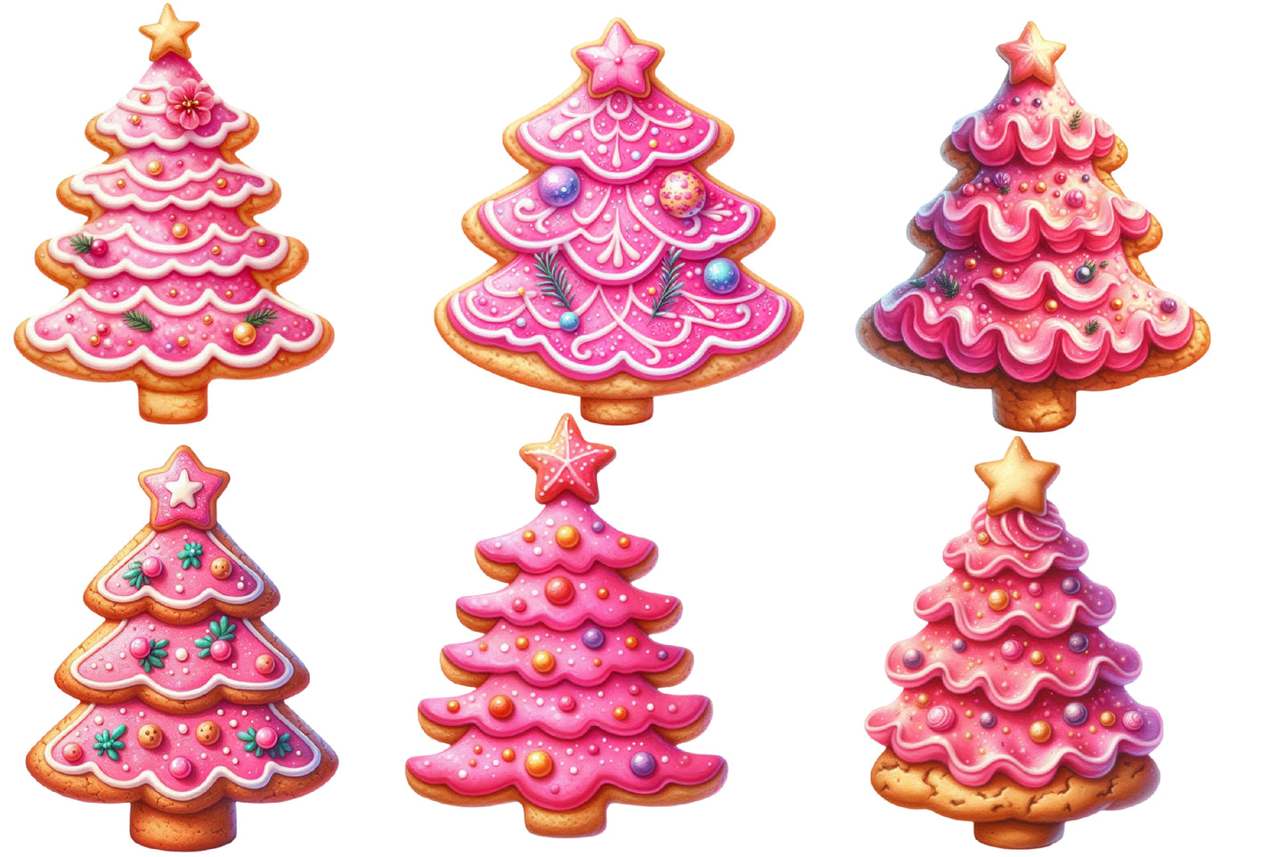 Watercolor Christmas Tree Cookie Clipart PNG Bundle | Cute Pink Christmas Cookie Designs