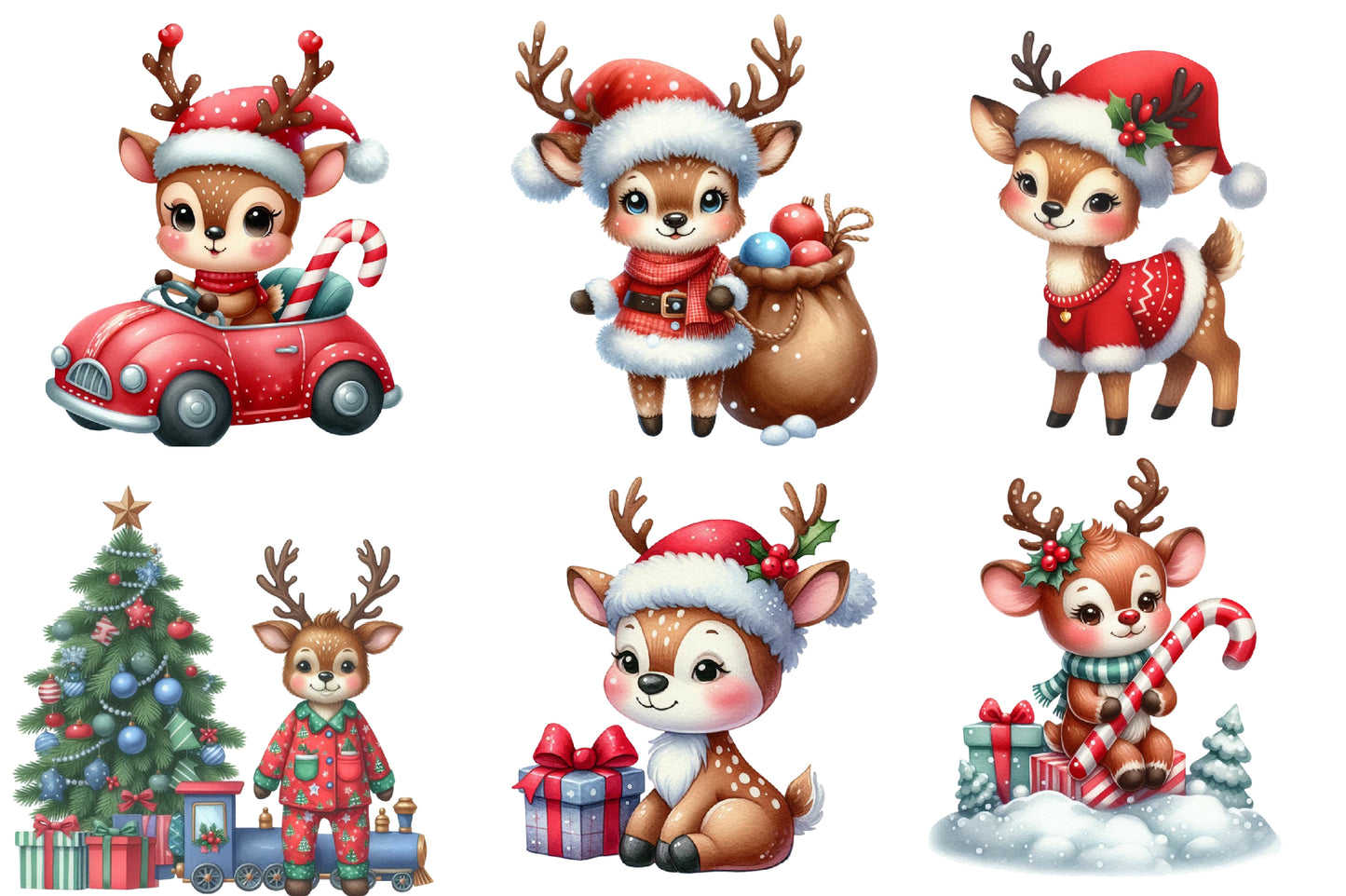 Christmas Reindeer PNG Clipart Bundle | Watercolor Cute Christmas Reindeer Clipart | Festive Holiday Animal Sublimation PNG
