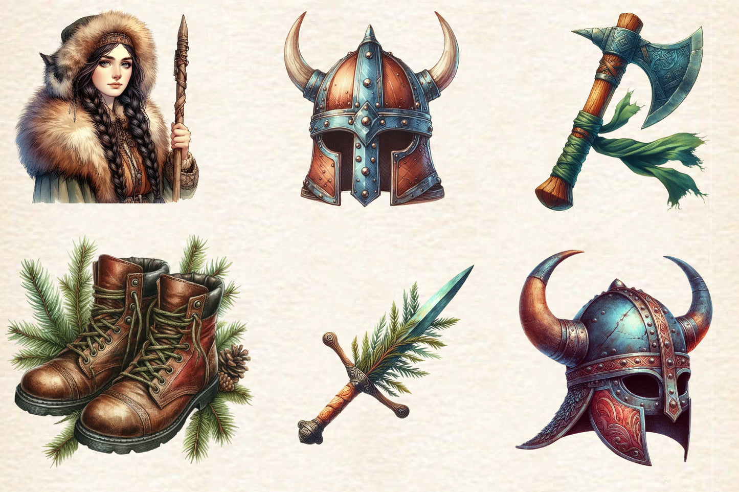 Christmas Antique Viking PNG Bundle | Watercolor Viking, Nordic Warrior & Scandinavian Christmas Clipart