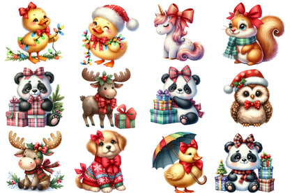 Cute Animal Christmas Clipart PNG Bundle | Christmas Giraffe, Owl, Unicorn, Puppy, Reindeer, Fox, Cow, Koala & Woodland Animals