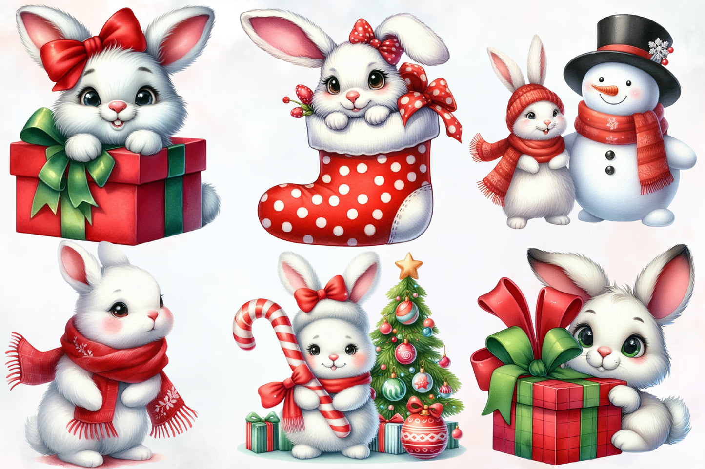 Bunny Christmas Clipart PNG Bundle | Cute Christmas Bunny, Rabbit, Snowman, Gifts & Stocking Designs