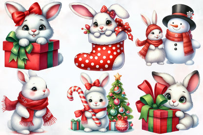 Bunny Christmas Clipart PNG Bundle | Cute Christmas Bunny, Rabbit, Snowman, Gifts & Stocking Designs