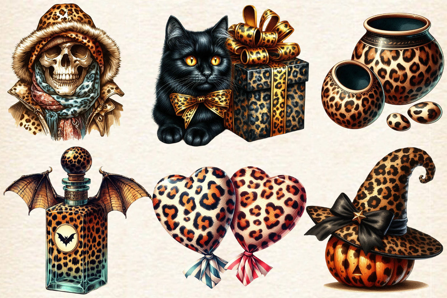 Elegant Leopard Halloween PNG Bundle 29 Watercolor Halloween Clipart