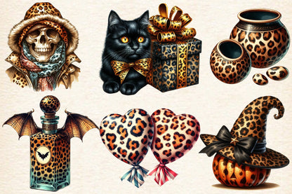 Elegant Leopard Halloween PNG Bundle 29 Watercolor Halloween Clipart