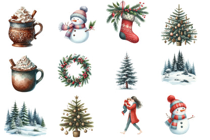 Christmas Rustic Winter Watercolor Clipart PNG Bundle | Cozy Rustic Christmas Clipart | Winter Christmas Sublimation PNG