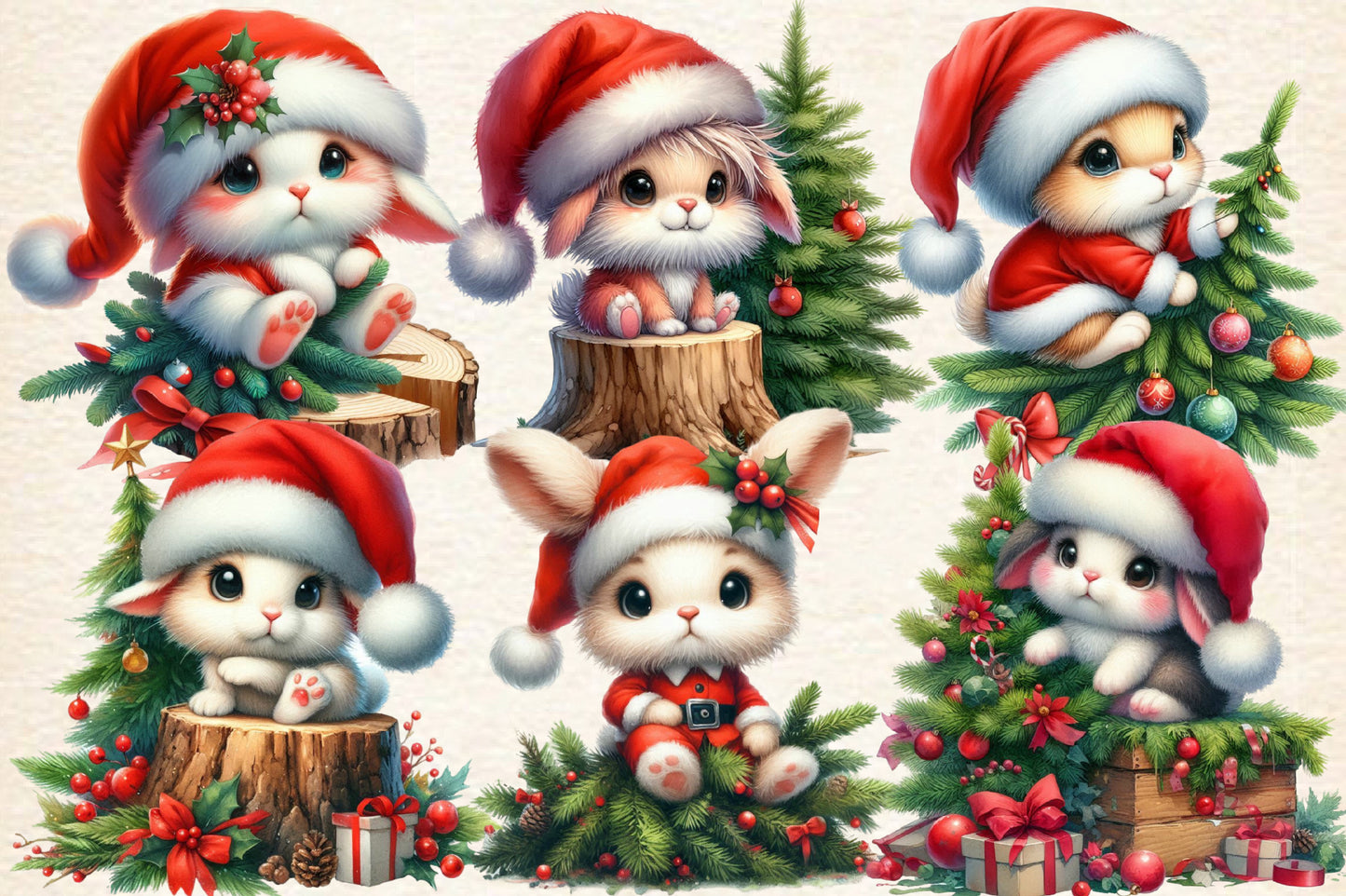 Christmas Bunny with Santa Hat PNG Clipart Bundle | Watercolor Christmas Rabbit, Cute Bunny, Santa Hat, Christmas Tree & Holiday Decor