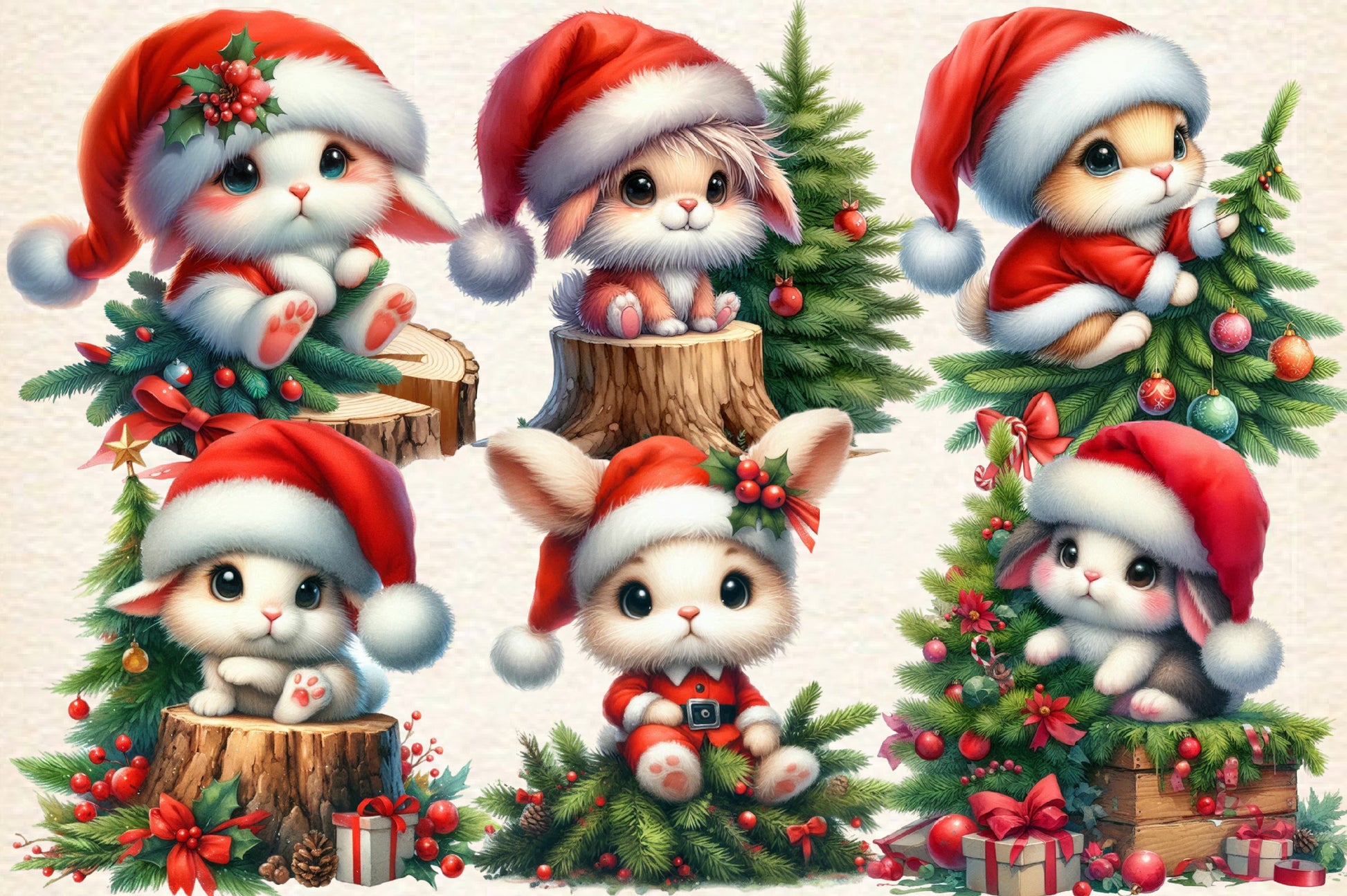 Christmas Bunny with Santa Hat PNG Clipart Bundle | Watercolor Christmas Rabbit, Cute Bunny, Santa Hat, Christmas Tree & Holiday Decor