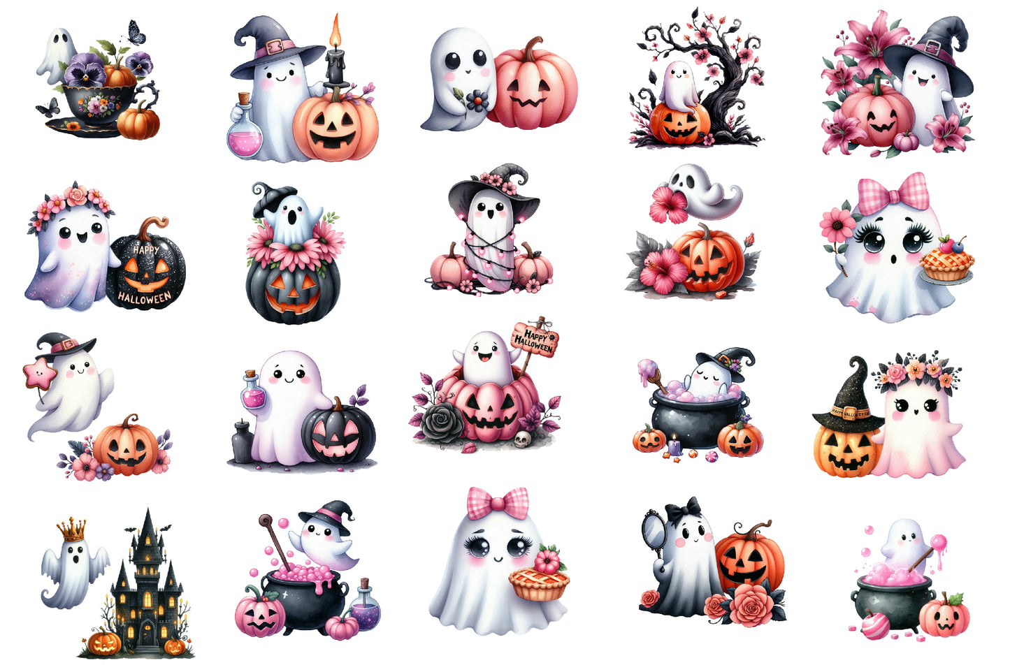 Halloween Ghost Clipart PNG | Cute Ghost Floral PNG, Pink Halloween Ghosts, Witch Ghost Clipart,