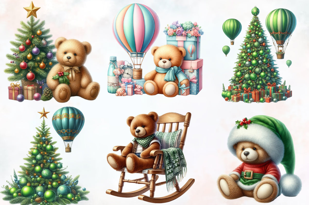 18 Christmas Nursery PNG Watercolor Clipart Bundle Cute Teddy Bear Baby