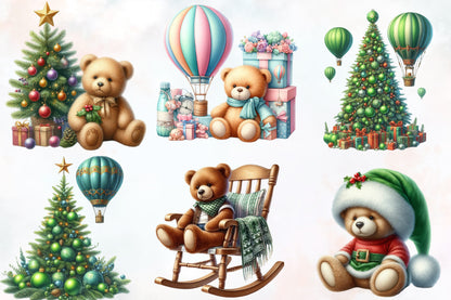 18 Christmas Nursery PNG Watercolor Clipart Bundle Cute Teddy Bear Baby