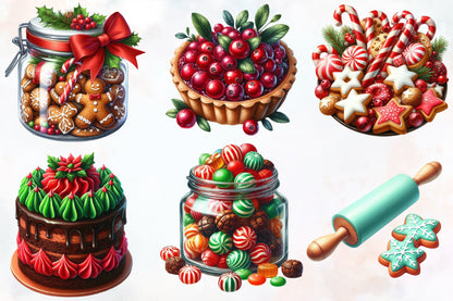 Watercolor Christmas Food Clipart PNG Bundle | Holiday Baking & Sweets