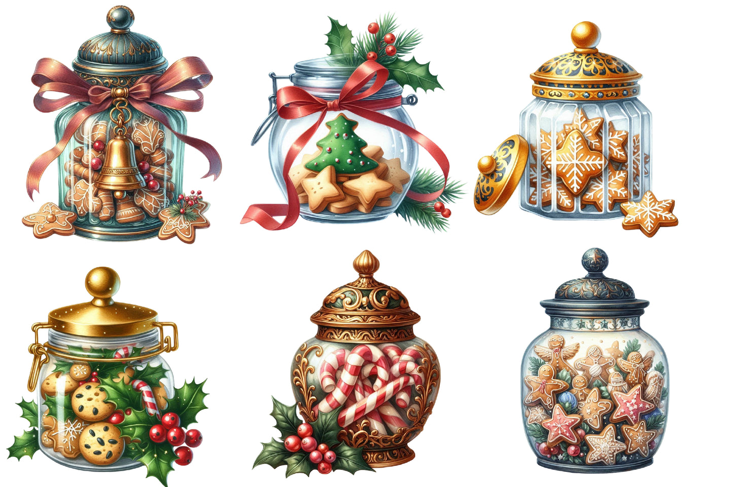 Christmas Cookie Jars Clipart PNG Bundle | Watercolor Festive Cookie Jar Clipart | Holiday Kitchen Sublimation PNG