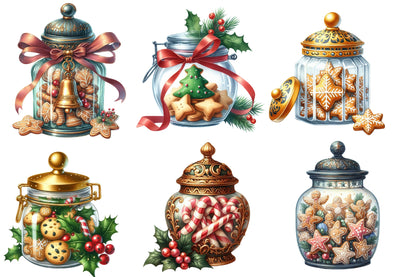 Christmas Cookie Jars Clipart PNG Bundle | Watercolor Festive Cookie Jar Clipart | Holiday Kitchen Sublimation PNG